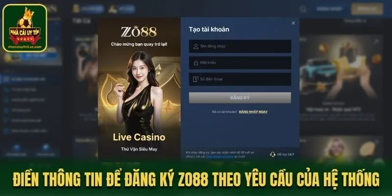 Điền thông tin để đăng ký ZO88 theo yêu cầu của hệ thống